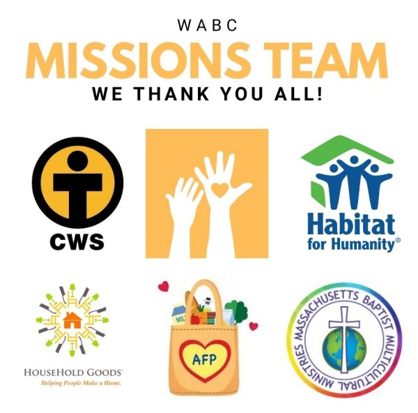 wabc missions team supports cws, habitat, household goods, acton food pantry, mbmm